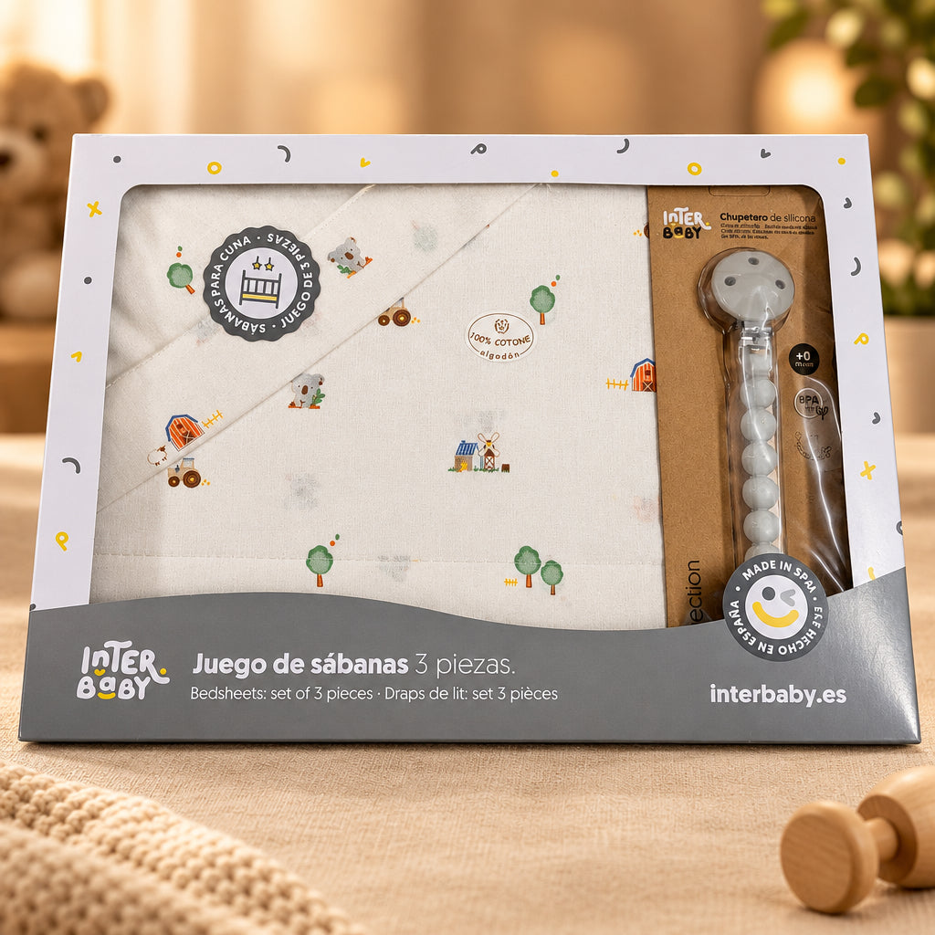 Cojin antivuelco y juego de sabanas completo, con bordado de nombre en la funda del cojin. Modelo Granja