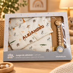 Cojin antivuelco y juego de sabanas completo, con bordado de nombre en la funda del cojin. Modelo Savanna