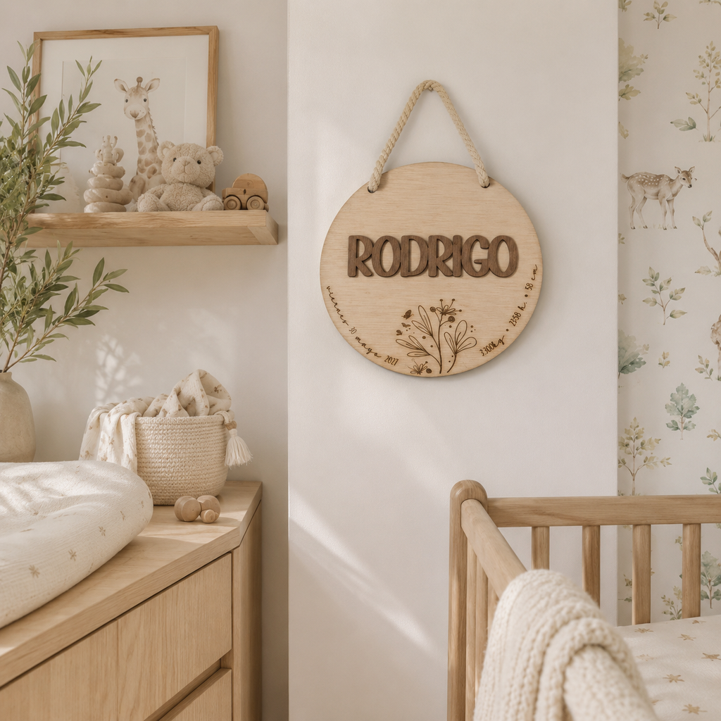 Placa de Nacimiento Personalizada para Bebé de Madera. Modelo primavera