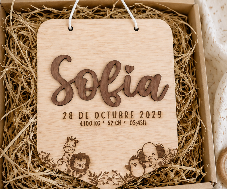Placa de nacimiento personalizada de madera. Modelo Safari