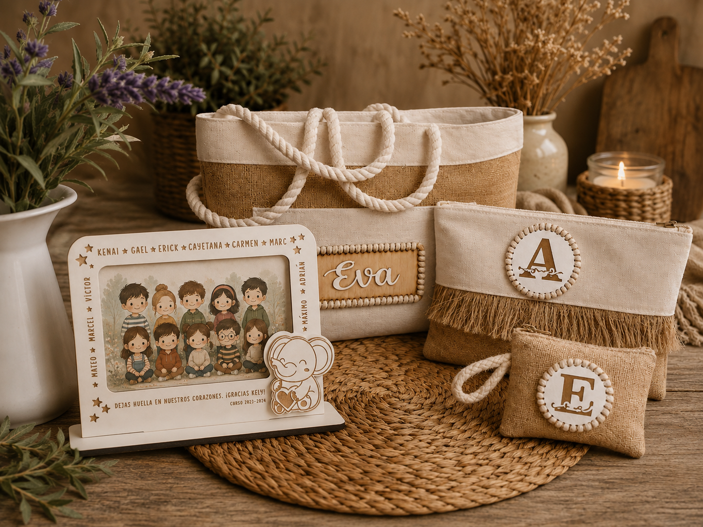 Set regalo para profesores personalizado con bolso, neceser y monedero y marco de fotos, decorados con chapa de madera y nombre. Presentado en caja, listo para regalar. (Copia)