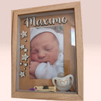 Marco de recuerdos de nacimiento personalizado con nombre, foto, peso, altura, fecha y hora. Guarda sus primeros recuerdos en un marco de efecto madera
