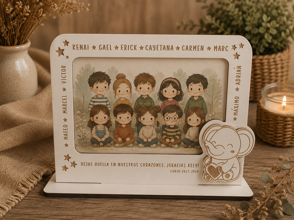 Set regalo para profesores personalizado con bolso, neceser y monedero y marco de fotos, decorados con chapa de madera y nombre. Presentado en caja, listo para regalar. (Copia)