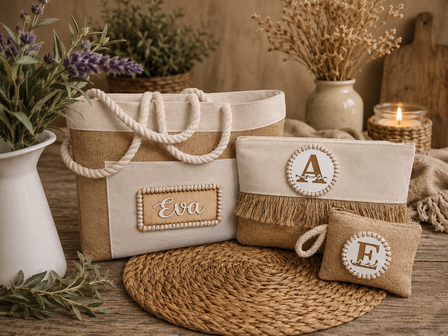 Set regalo para profesores personalizado con bolso, neceser y monedero, decorados con chapa de madera y nombre. Presentado en caja, listo para regalar.