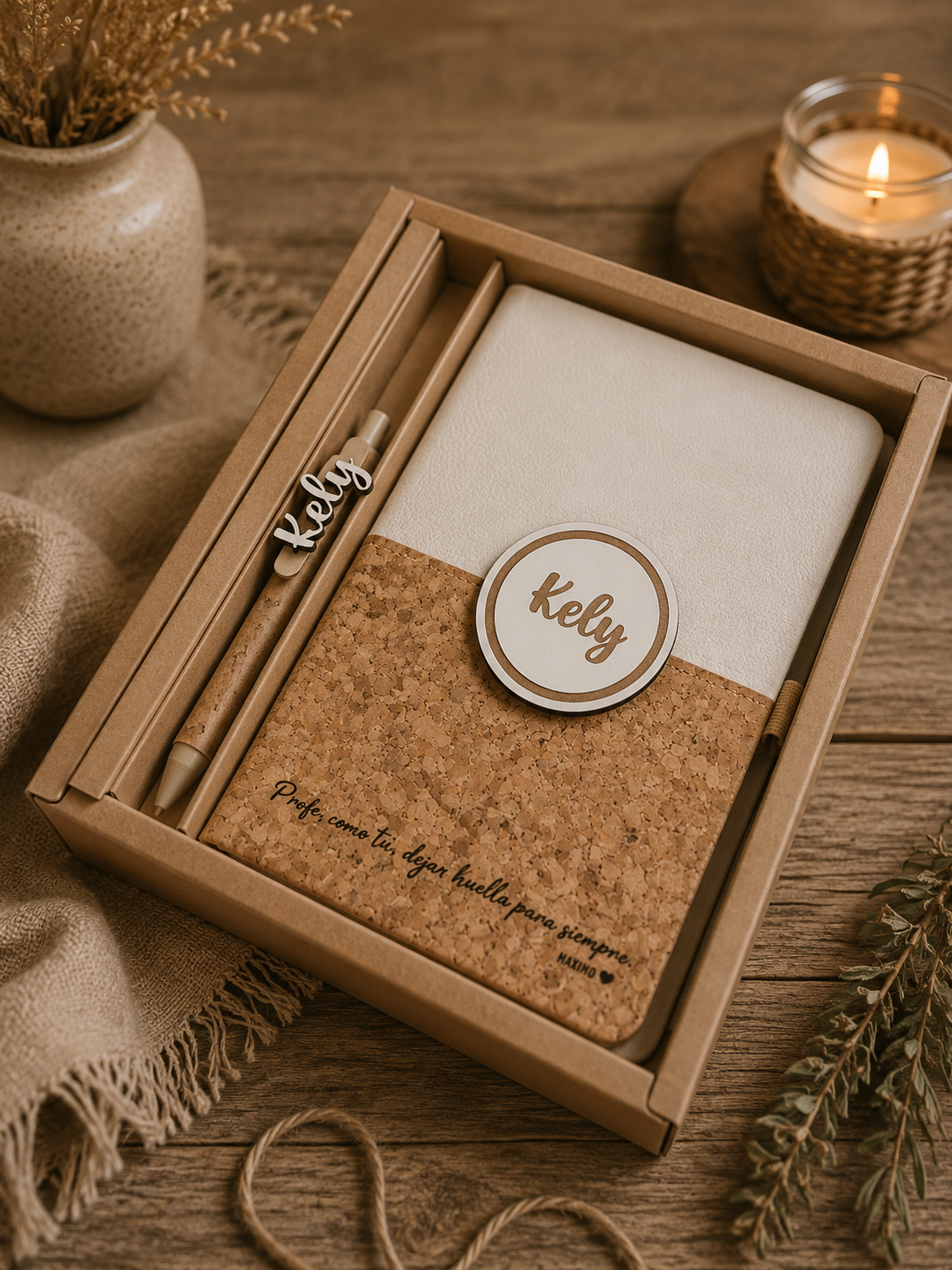 Set regalo para profesora personalizado con libreta, bolígrafo y nombre. Presentado en una caja de regalo. Un detalle original para maestras y profesoras.